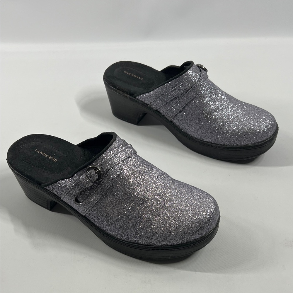 LANDS END Women’s Size 8B Slip On Clog Mule Silver Metallic